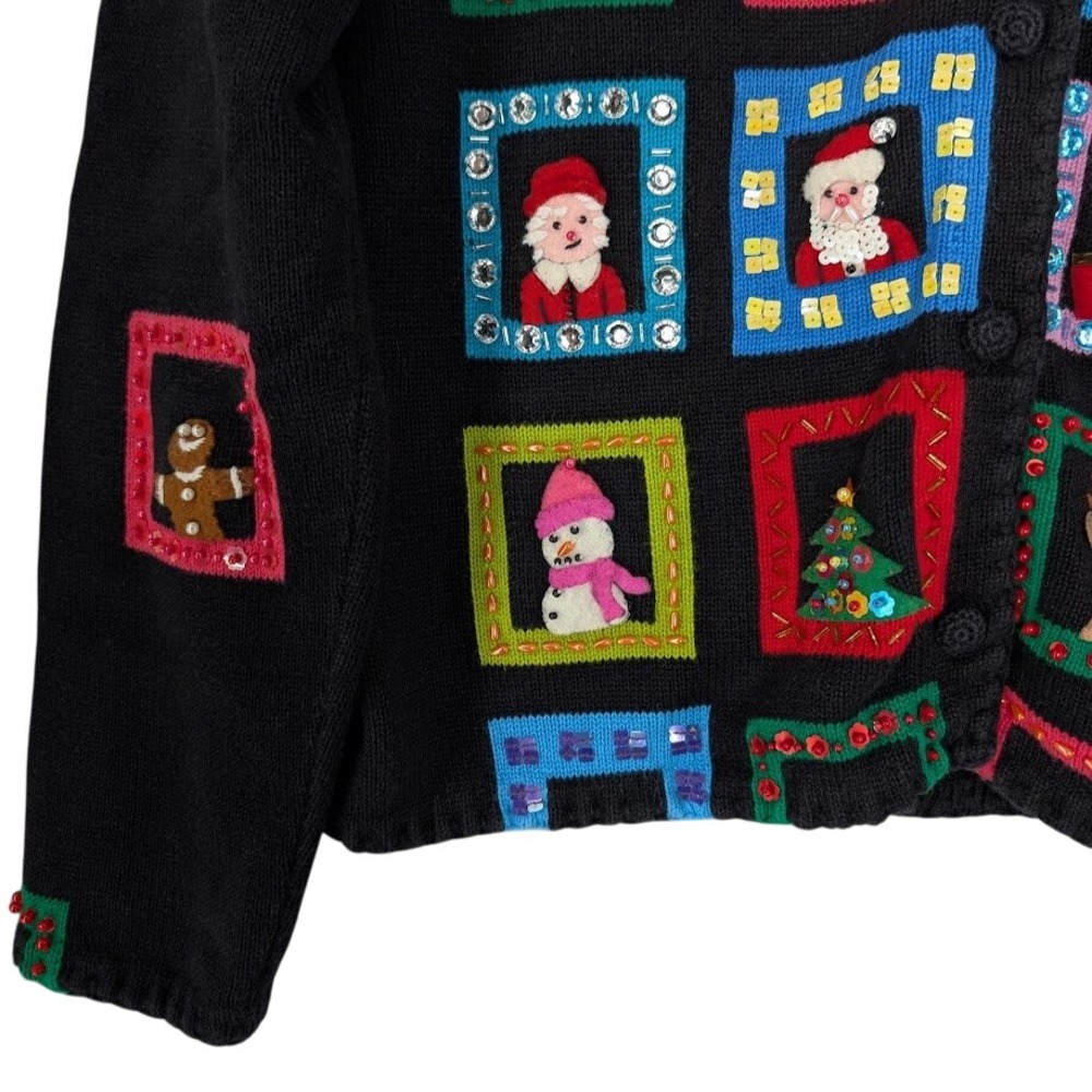 Michael Simon Christmas Cardigan Black M Beaded Window Applique 2001 Y2K - Picture 7 of 10